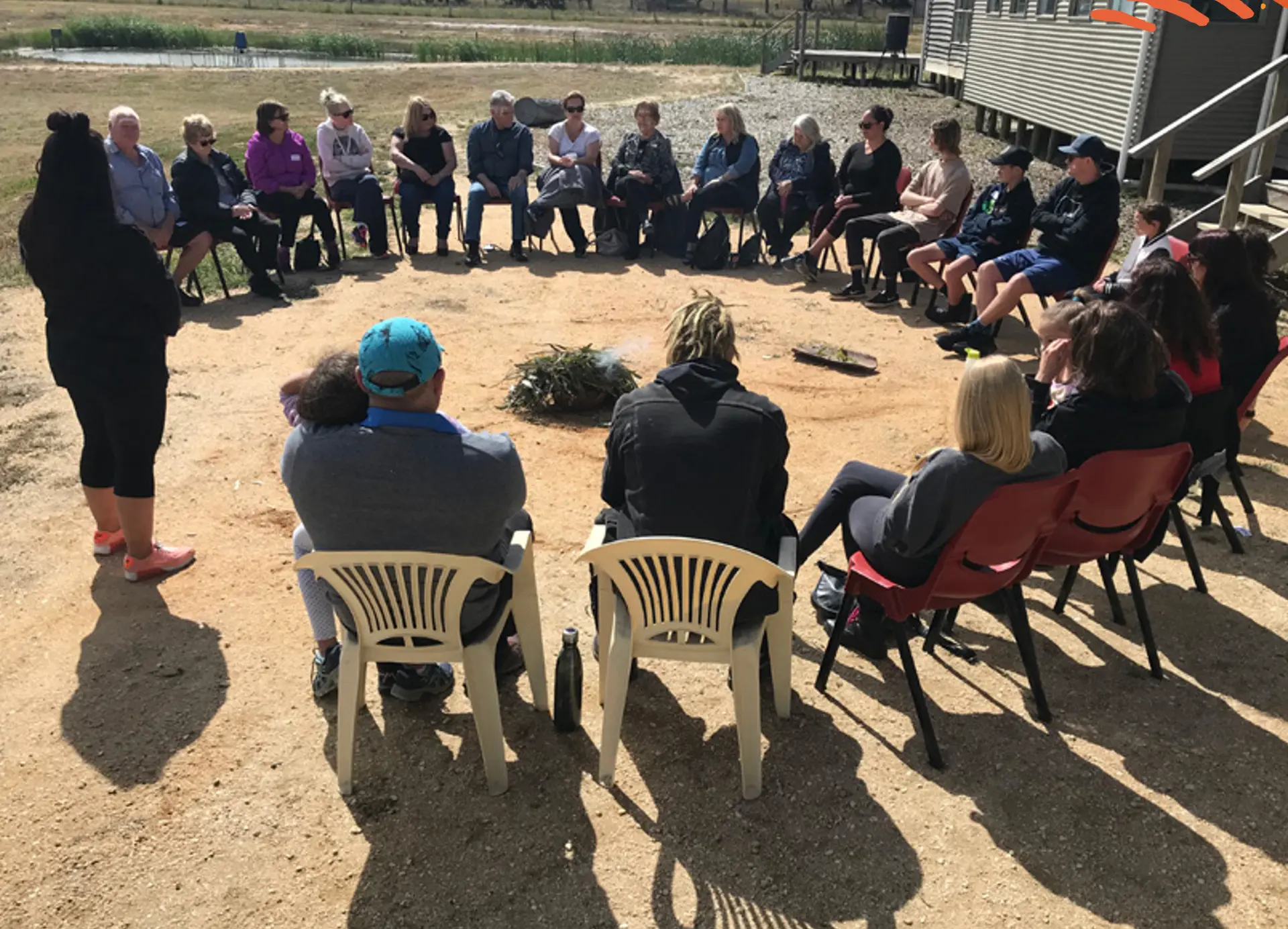Community gathered in a circle around a smoking ceremony on Wadawurrung Country
